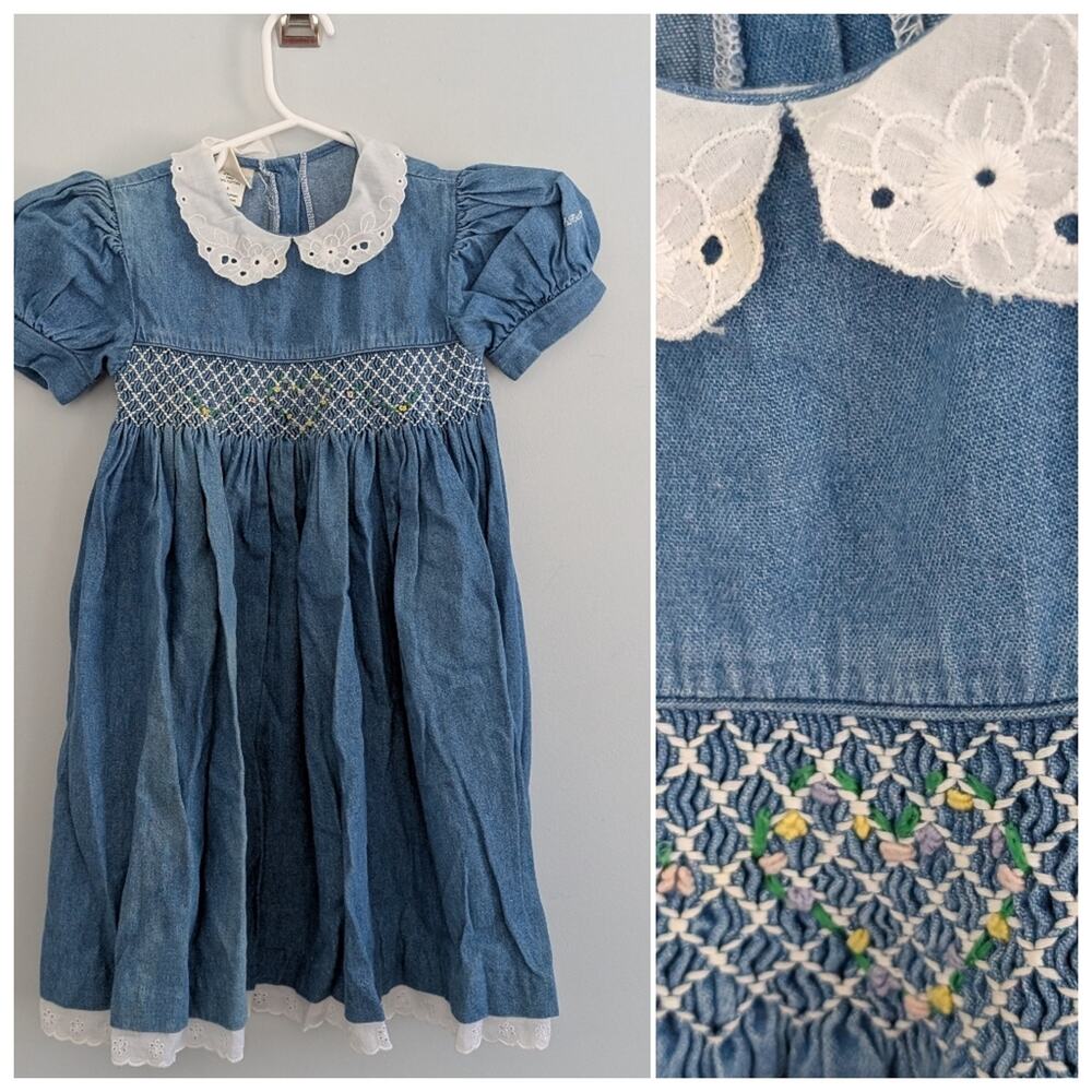Vintage Girl's Osh Kosh Denim Smocked Dress Floral Size 6